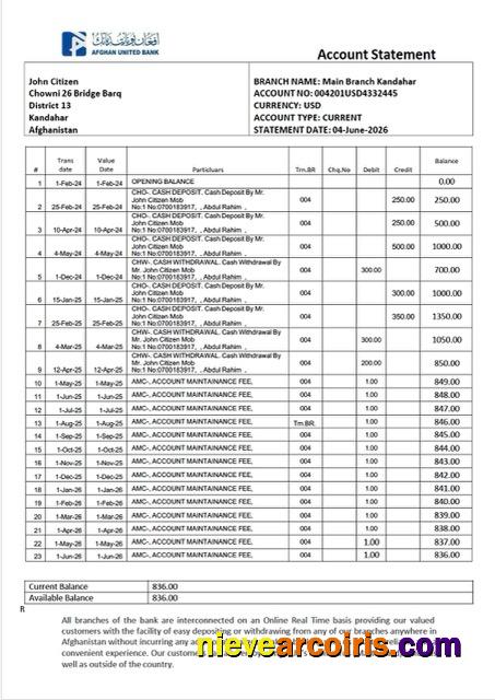Afghan United Bank account statement Word and PDF